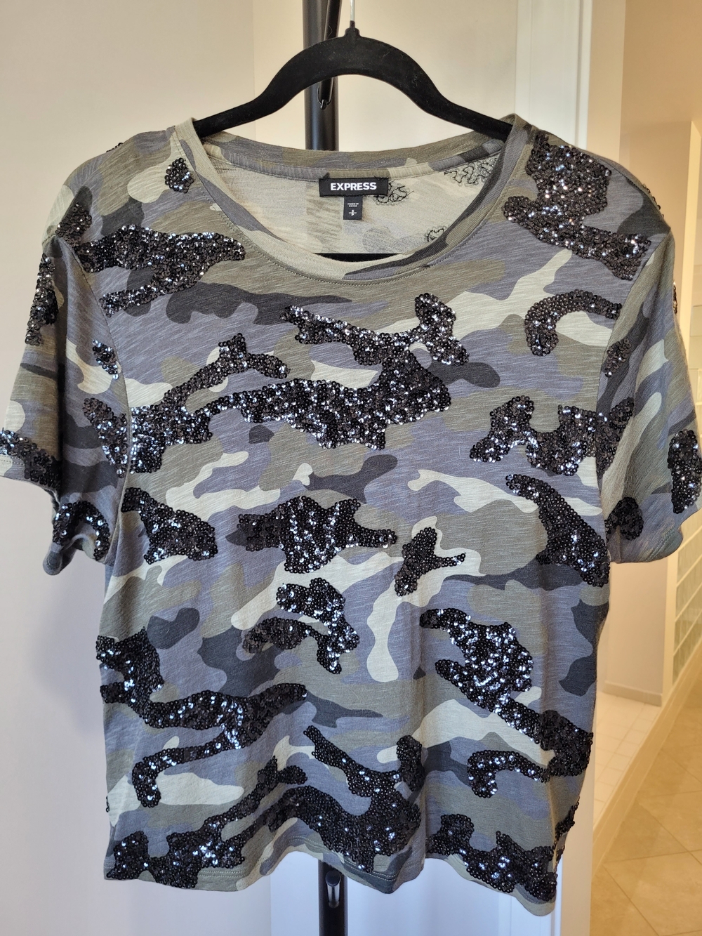 Express Camo Tee with Black Sequin Accents